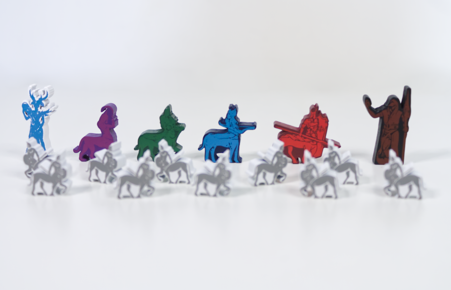 Materiali di gioco di Firesiege nel dattaglio i meeple dei giocatori in legno