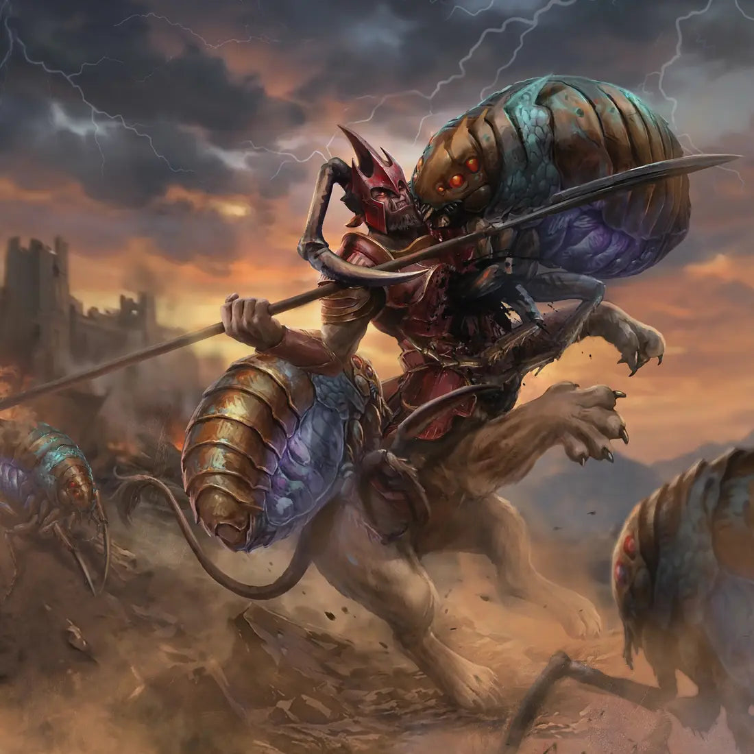 A Skreel warlord riding into battle before the walls of Eldor