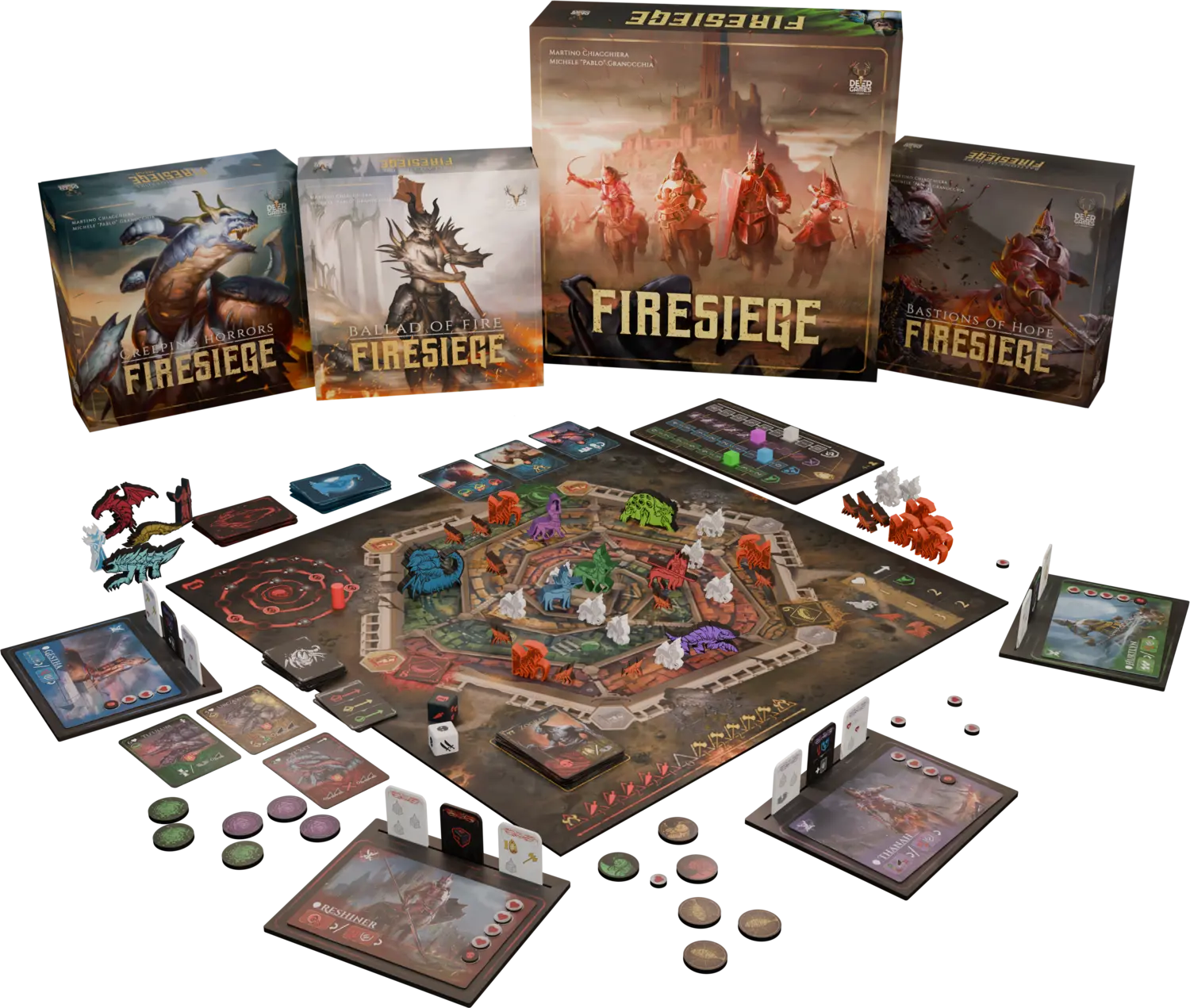 Firesiege full campaign laid out on the table: core box, expansions, board and components