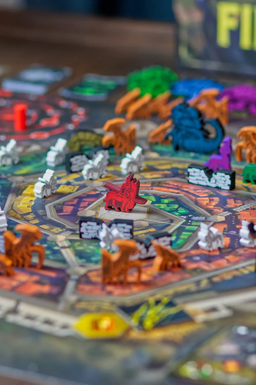The Firesiege board mid-siege with heroes and Skreel meeples